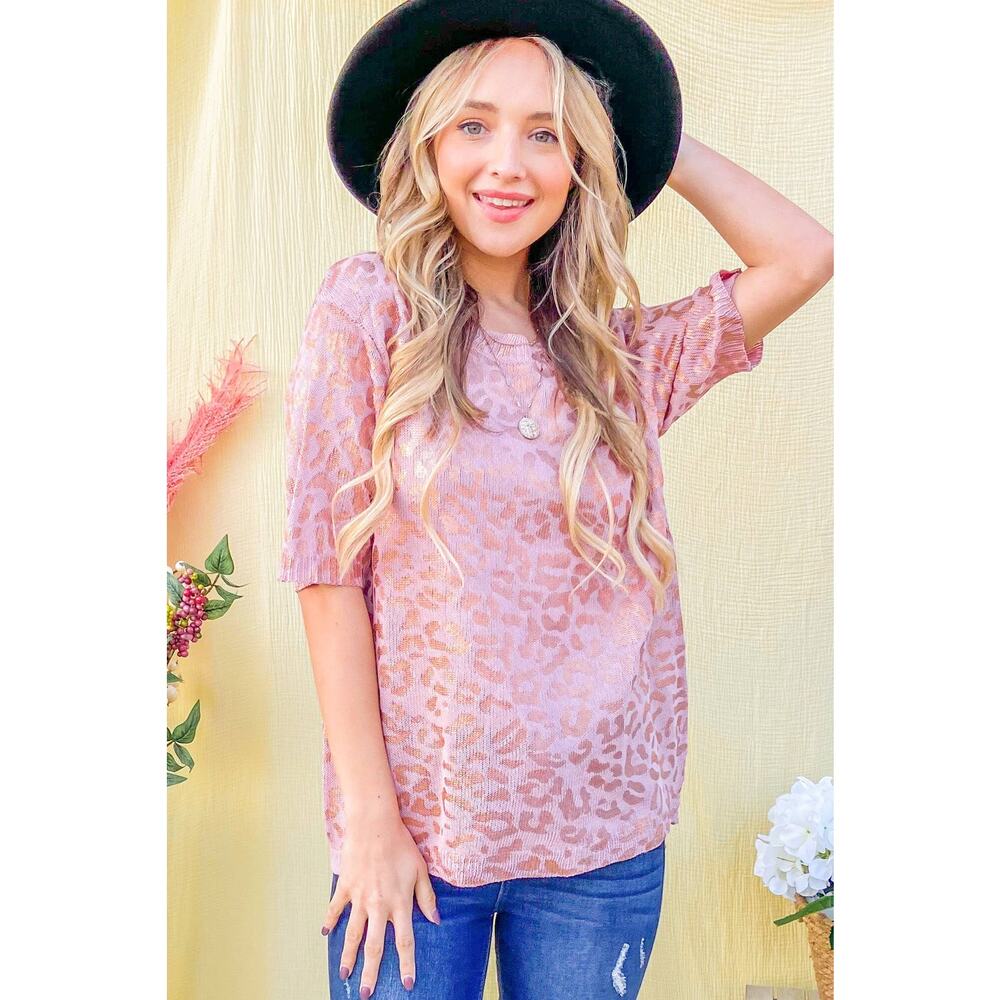Leopard Foil Printed Half Sleeve Summer Sweater Dusty Rose
